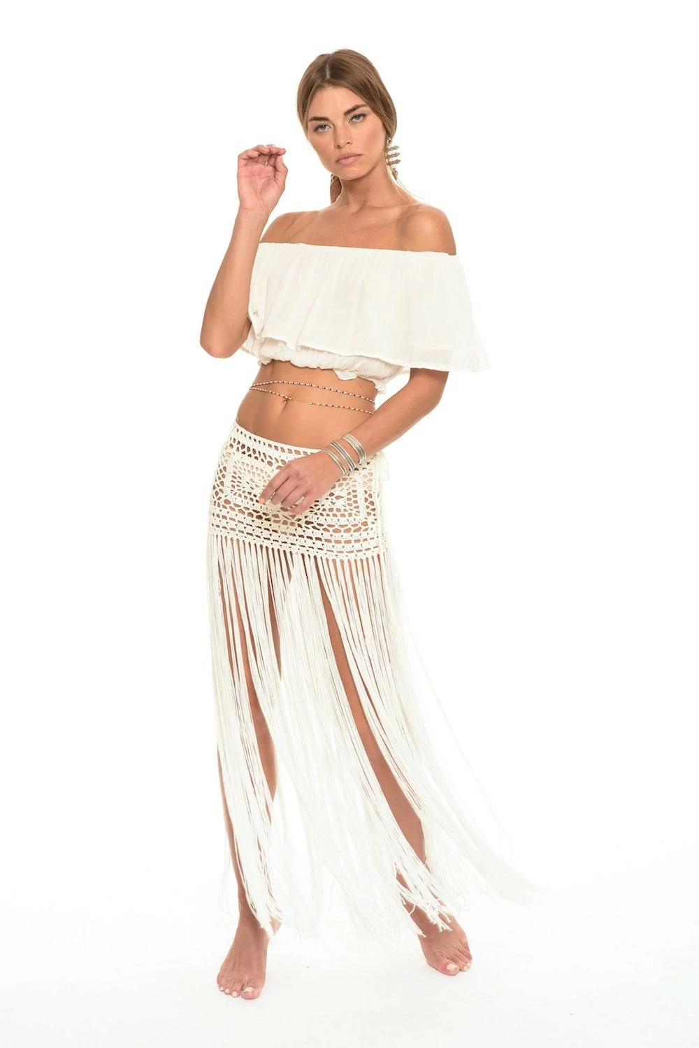 Javiera Hand Crochet Mini Skirt With Long Fringe In White 3 Javiera Hand Crochet Mini Skirt With Long Fringe In White