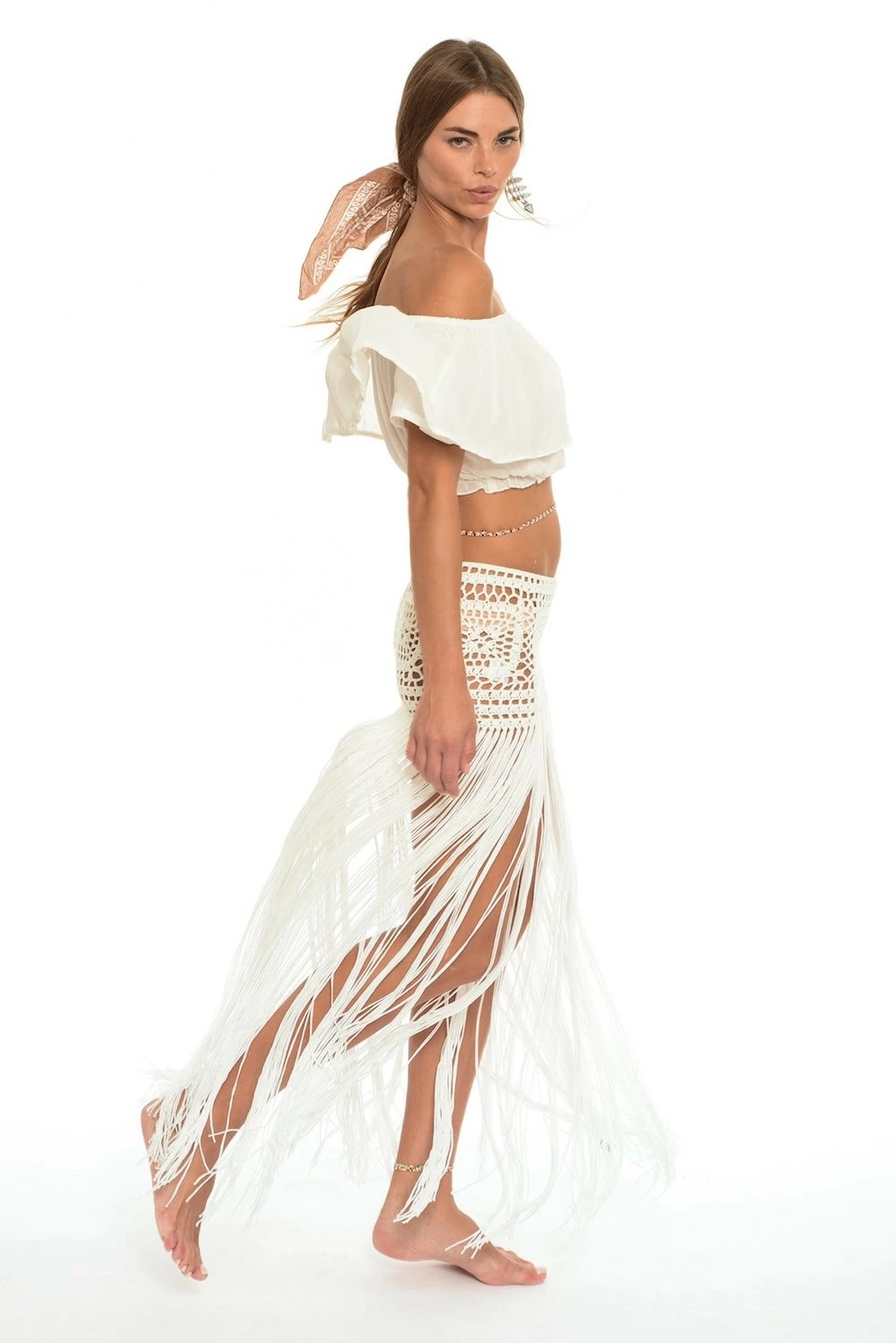 Javiera Hand Crochet Mini Skirt With Long Fringe In White 4 Javiera Hand Crochet Mini Skirt With Long Fringe In White - Image 2