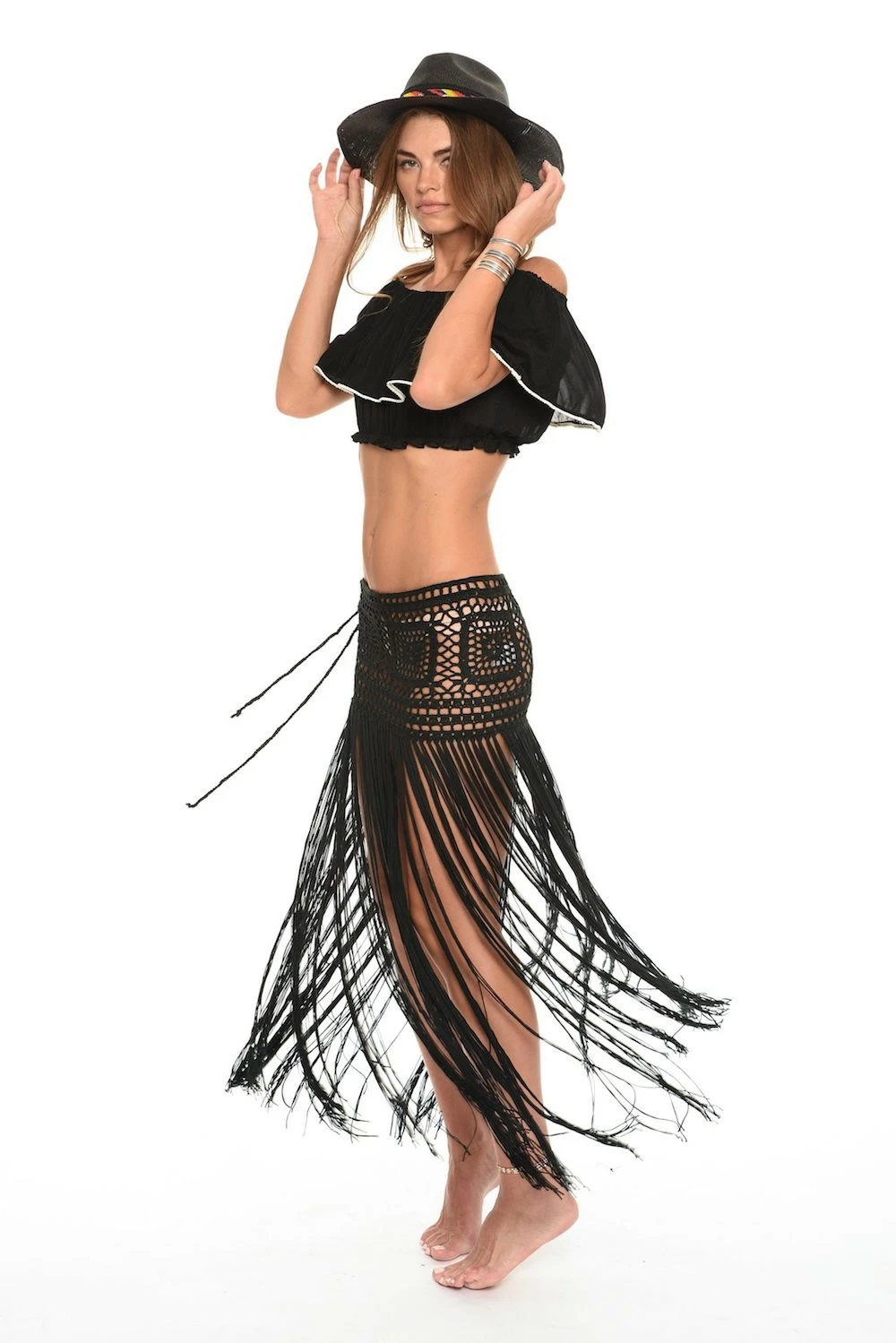 Javiera Hand Crochet Mini Skirt With Long Fringe In Black 4 Javiera Hand Crochet Mini Skirt With Long Fringe In Black - Image 2