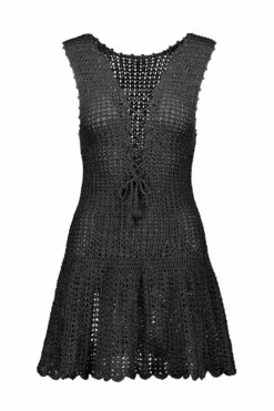 Blanca Lace-Up Decollete Crochet Dress In Black -PESCA BOUTIQUE Sales blackcorsetdress product