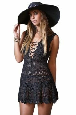 Blanca Lace-Up Decollete Crochet Dress In Black