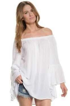 Off The Shoulder Long Sleeve Top In White -PESCA BOUTIQUE Sales ela ry555
