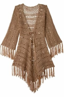 Jacinta Fringe Crochet Kimono In Gold -PESCA BOUTIQUE Sales goldcoverup whitebackground2