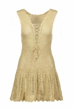 Blanca Lace-Up Decollete Crochet Dress In Gold -PESCA BOUTIQUE Sales golddressfront whitebackgroundsmaller