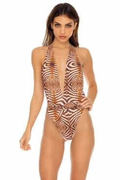 Safari Dreams High Leg Ruched Back One Piece In Brown