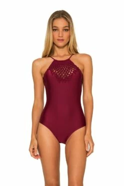Macrame Maillot High Neck One Piece In Burgundy