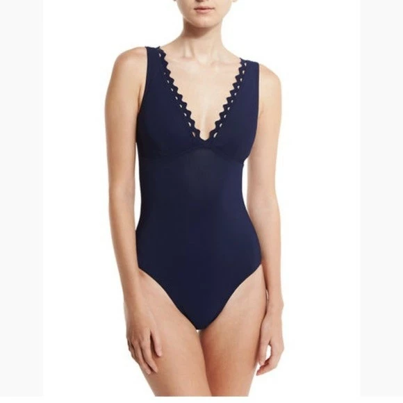 Reina V-Neck One-Piece Swimsuit In Navy 4 Reina V-Neck One-Piece Swimsuit In Navy - Image 2