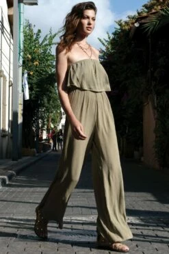 Strapless Jumpsuit With Ruffle In Khaki