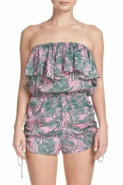 Strapless Off Shoulder Romper In Pink/ Green Palm