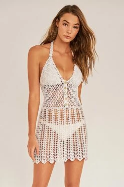 Violeta Button-Down Crochet Dress In White/Gold